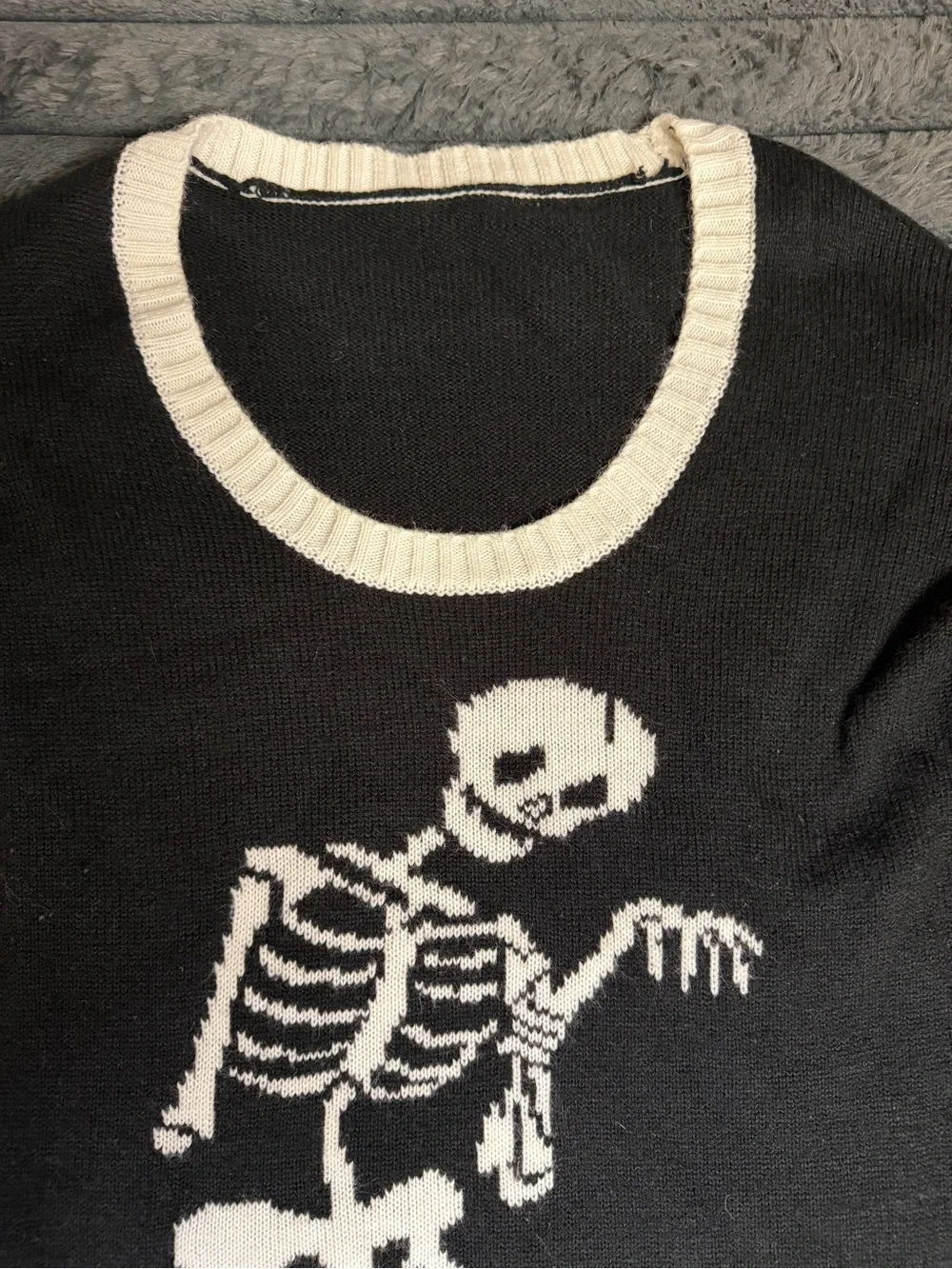 Black & White Skeletal Graphic Crewneck Sweater with Orange Accent
